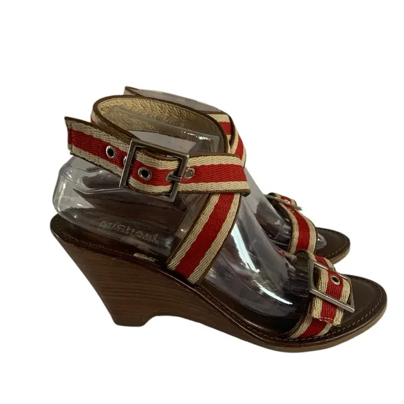 Red and Cream Crisscross Sandals with Ankle Strap 8.5