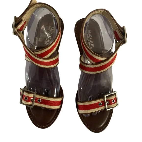 Red and Cream Crisscross Sandals with Ankle Strap 8.5