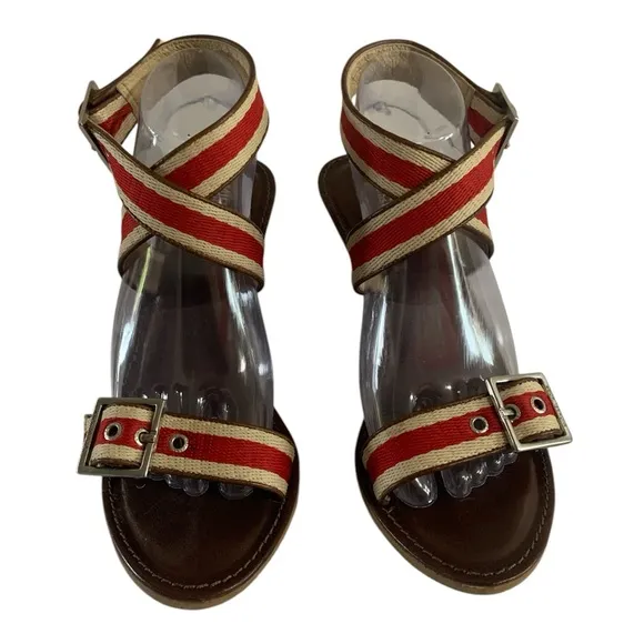 Red and Cream Crisscross Sandals with Ankle Strap 8.5