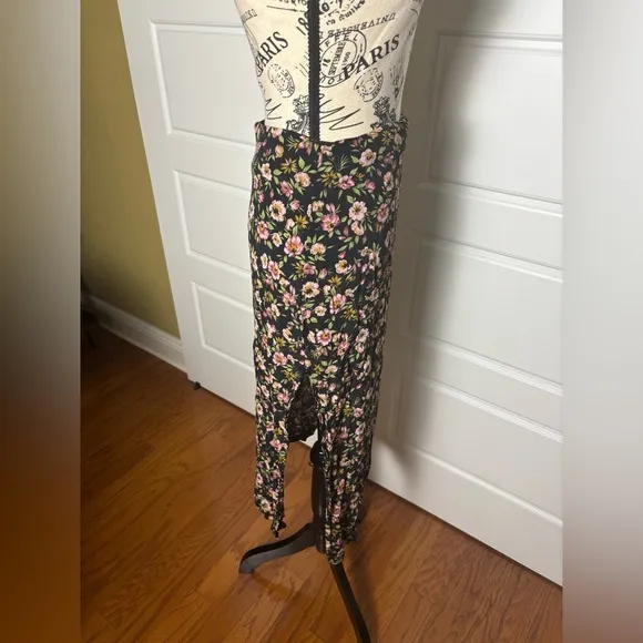 Reformation Black Floral Skirt Pink Hibiscus with Slit