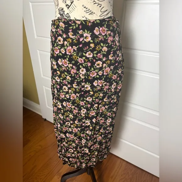 Reformation Black Floral Skirt Pink Hibiscus with Slit