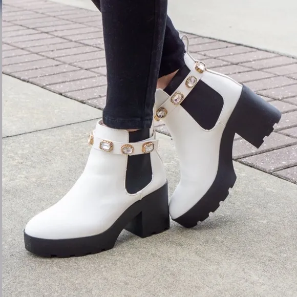 Removable Jeweled Ankle Strap White Chelsea Boot