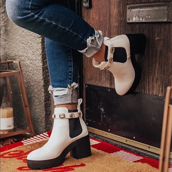 Removable Jeweled Ankle Strap White Chelsea Boot