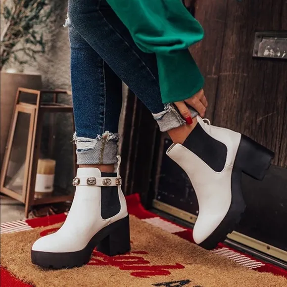 Removable Jeweled Ankle Strap White Chelsea Boot