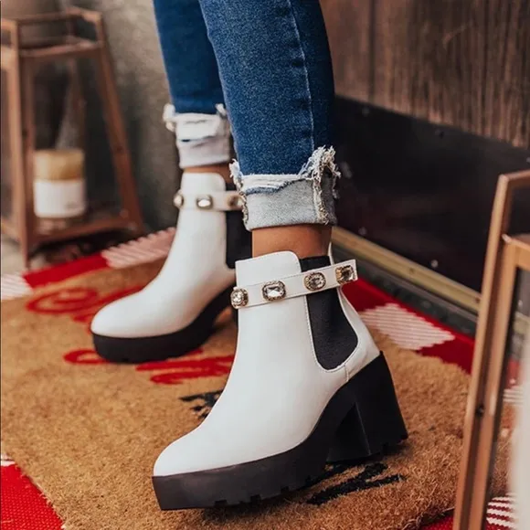 Removable Jeweled Ankle Strap White Chelsea Boot