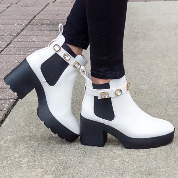 Removable Jeweled Ankle Strap White Chelsea Boot