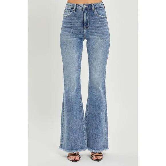 RISEN High Waist Raw Hem Flare Jeans