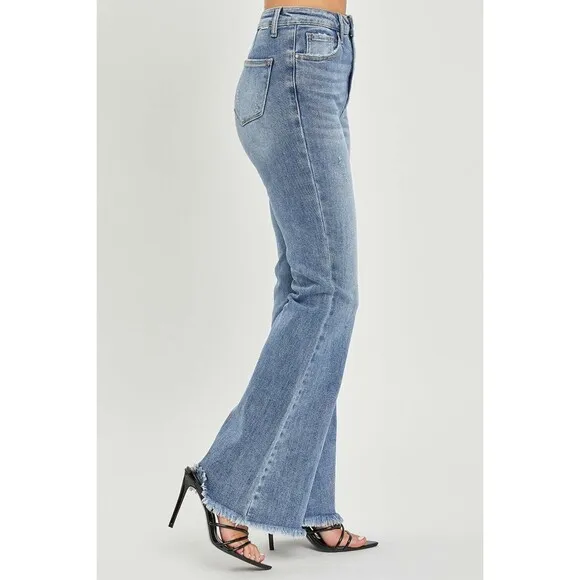 RISEN High Waist Raw Hem Flare Jeans