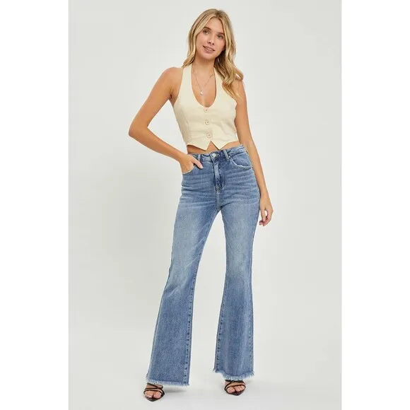 RISEN High Waist Raw Hem Flare Jeans