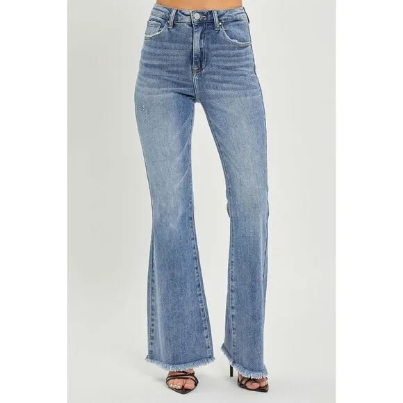 RISEN High Waist Raw Hem Flare Jeans