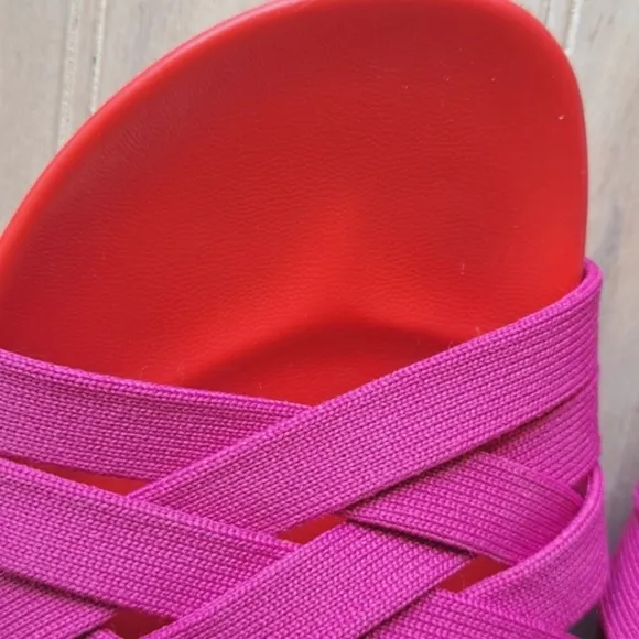Rothy’s Crossover Woven Cherry Red Vibrant Colorful Comfort Knit Slide Sandals