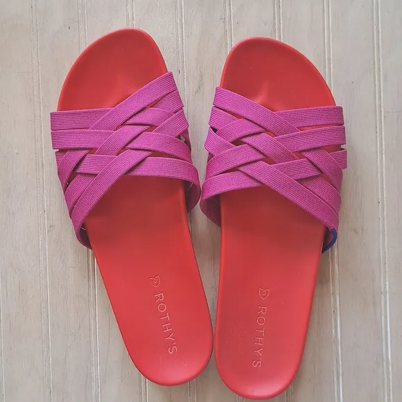 Rothy’s Crossover Woven Cherry Red Vibrant Colorful Comfort Knit Slide Sandals