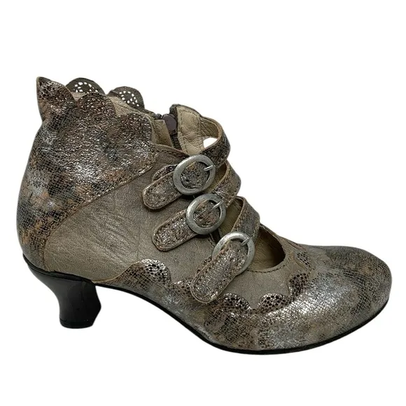 ROVERS Portugal Shoes Strappy Ankle Boots Buckles Heels Size 39 Silver Tan