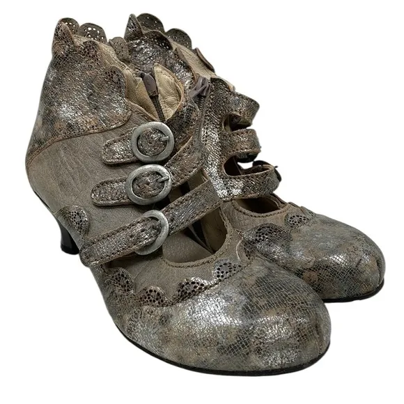 ROVERS Portugal Shoes Strappy Ankle Boots Buckles Heels Size 39 Silver Tan