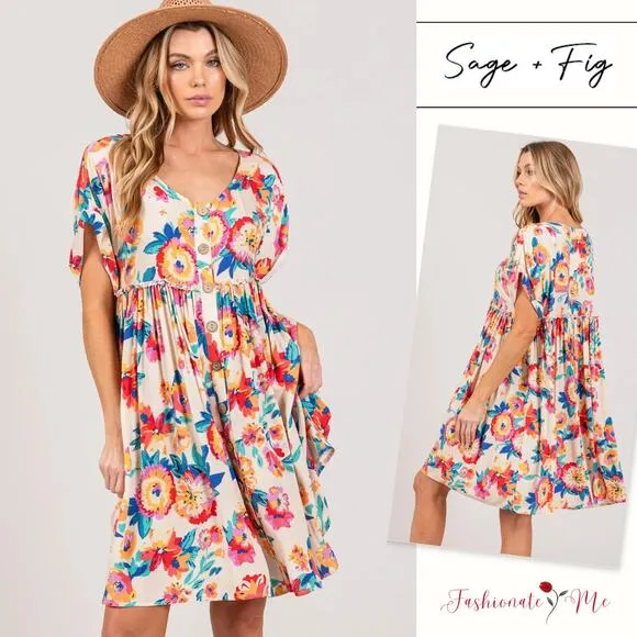 SAGE   FIG Floral Print Button Down Short Sleeves V-Neck Mini Dress | Multicolor