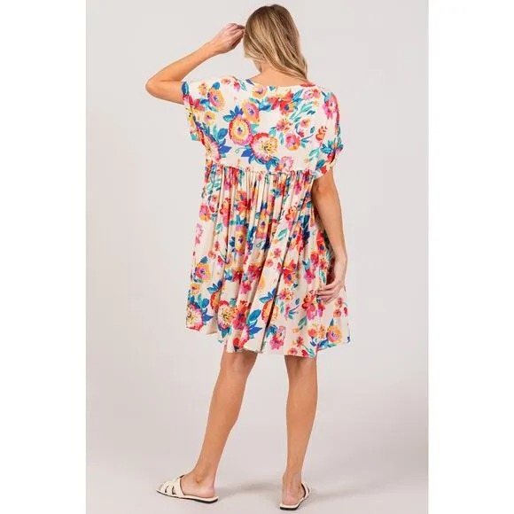 SAGE   FIG Floral Print Button Down Short Sleeves V-Neck Mini Dress | Multicolor