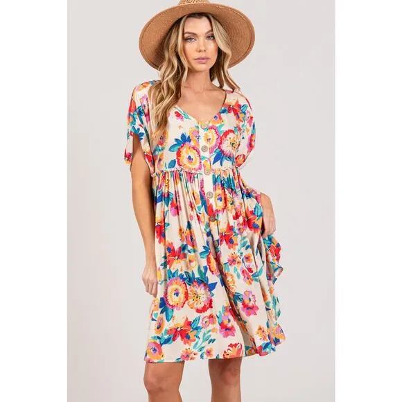 SAGE   FIG Floral Print Button Down Short Sleeves V-Neck Mini Dress | Multicolor