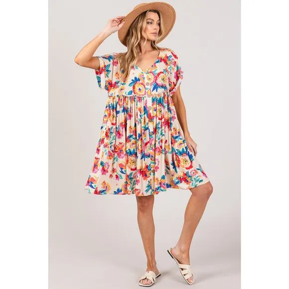 SAGE   FIG Floral Print Button Down Short Sleeves V-Neck Mini Dress | Multicolor