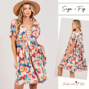 SAGE   FIG Floral Print Button Down Short Sleeves V-Neck Mini Dress | Multicolor