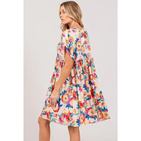 SAGE   FIG Floral Print Button Down Short Sleeves V-Neck Mini Dress | Multicolor
