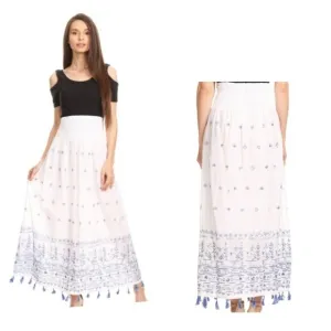 Sakkas Serena Boho Casual Gypsy Peasant Skirt with Embroidery and Tassels M NWT