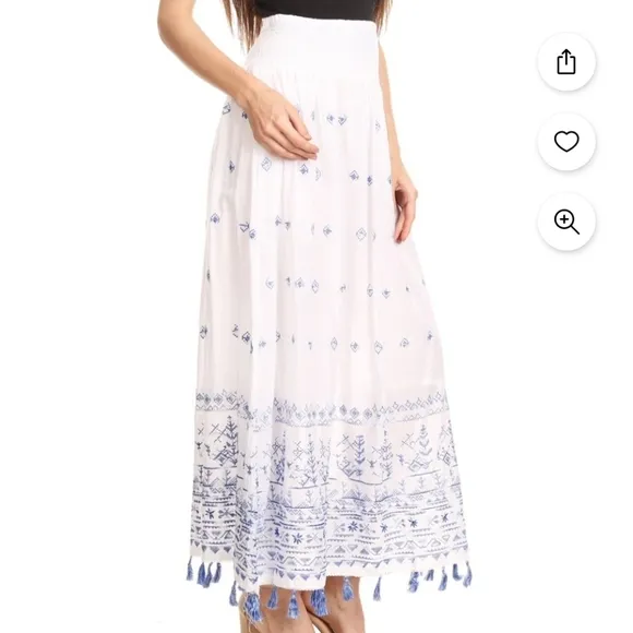 Sakkas Serena Boho Casual Gypsy Peasant Skirt with Embroidery and Tassels M NWT