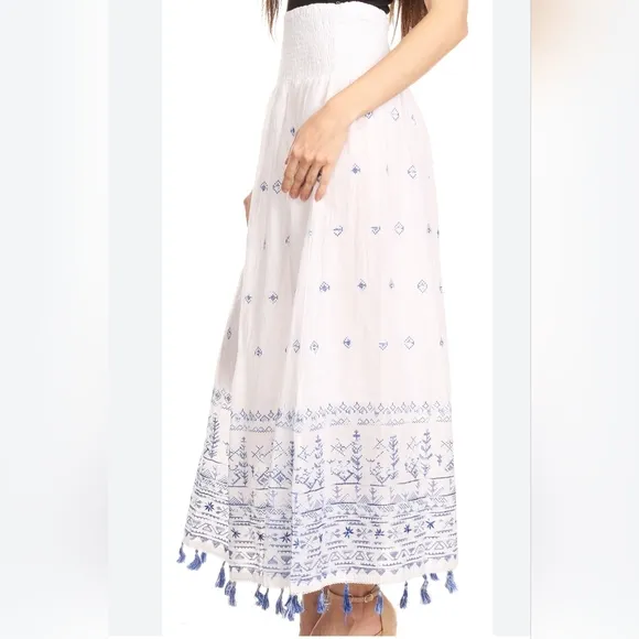 Sakkas Serena Boho Casual Gypsy Peasant Skirt with Embroidery and Tassels M NWT