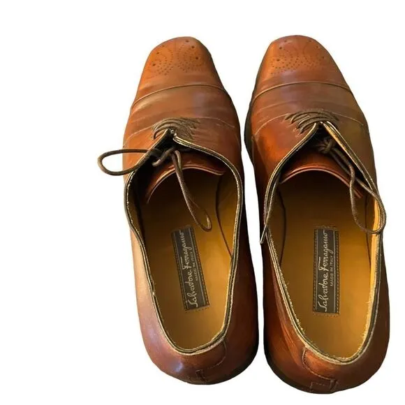 Salvatore Ferragamo &quot;Aramix 1&quot; Almond Brown Leather Lace Up Oxfords Shoes 9 EE