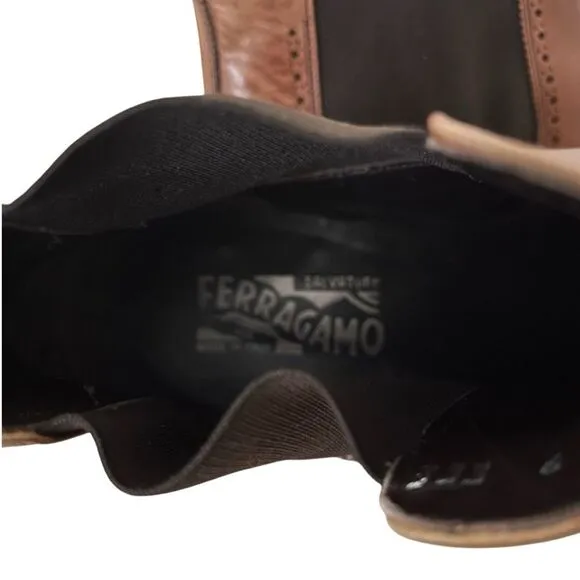 SALVATORE FERRAGAMO Brown Chelsea Boots Ankle Brogue Leather Mens Size 9 EEE