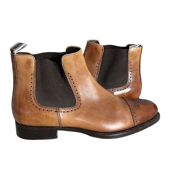 SALVATORE FERRAGAMO Brown Chelsea Boots Ankle Brogue Leather Mens Size 9 EEE