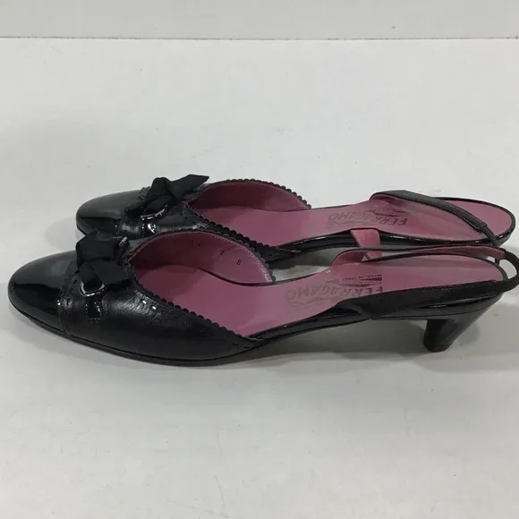 Salvatore Ferragamo Elegant Black Patent Leather Women's Heels Slingbacks Size 9