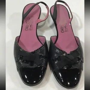 Salvatore Ferragamo Elegant Black Patent Leather Women's Heels Slingbacks Size 9
