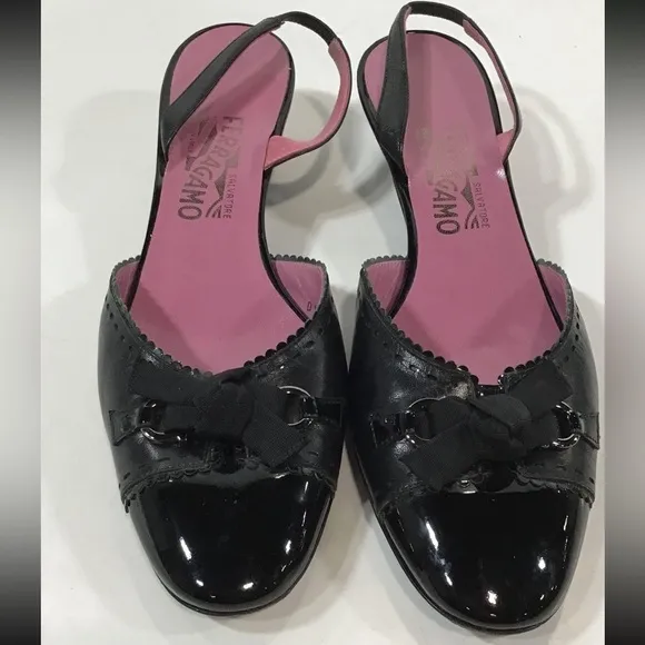 Salvatore Ferragamo Elegant Black Patent Leather Women's Heels Slingbacks Size 9