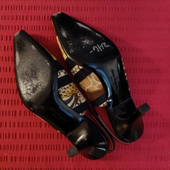 Salvatore Ferragamo Print Nylon Sling Back Heels, Size 8