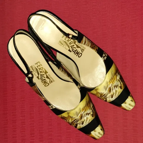 Salvatore Ferragamo Print Nylon Sling Back Heels, Size 8
