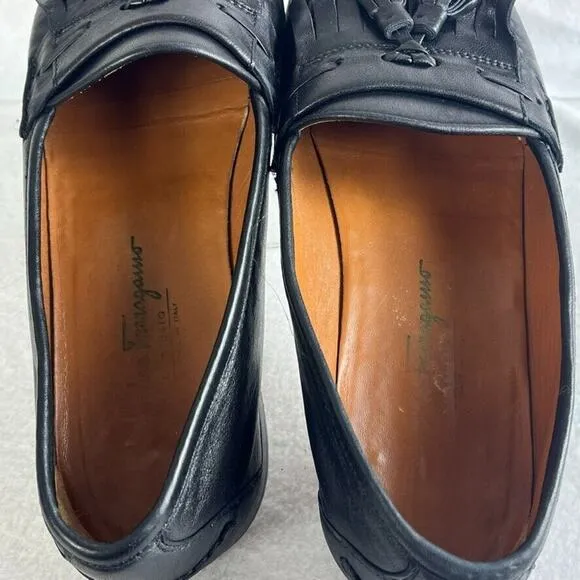 Salvatore Ferragamo Studio Shoes Mens 11D Black Leather Tassel Kiltie Loafer
