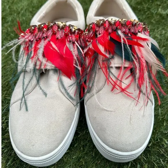 Sam Edelman Lelani Suede Embellished Gemstone Feather Boho Western Slip On Shoes