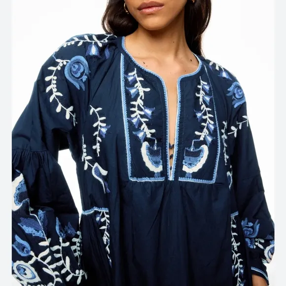 Sea New York Size Med the Inga embroidered Maxi Dress with Bishop Sleeves