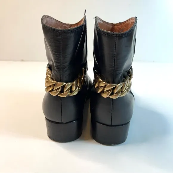 See By Chloe Black Leather Ankle Boots with Gold Chain Size 38