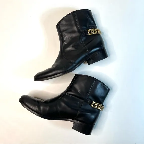 See By Chloe Black Leather Ankle Boots with Gold Chain Size 38