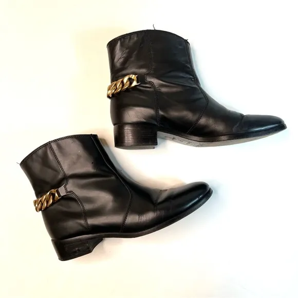 See By Chloe Black Leather Ankle Boots with Gold Chain Size 38