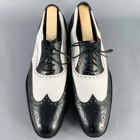 SILLA ARGENTINO Black White Perforated Leather Wingtip Oxford Lace-Up Shoes