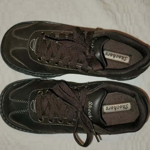 Skechers shoes loafers 100% leather brown Y2K thick soles platform heels sz 7.5