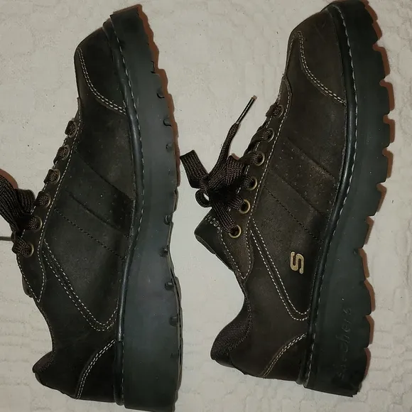 Skechers shoes loafers 100% leather brown Y2K thick soles platform heels sz 7.5
