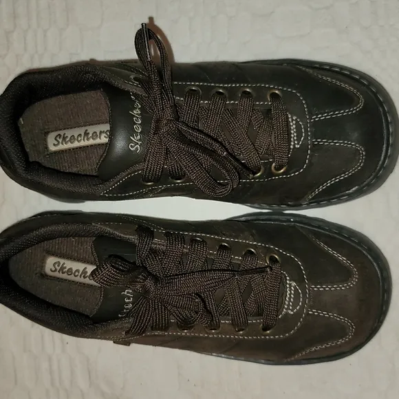 Skechers shoes loafers 100% leather brown Y2K thick soles platform heels sz 7.5
