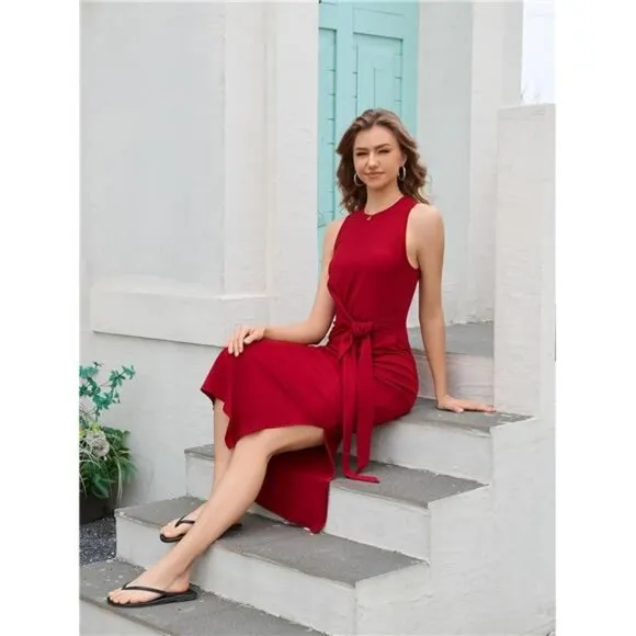 Sleeveless Midi Dress for Women–Casual Tank Dress with Waist Tie Bodycon Fit