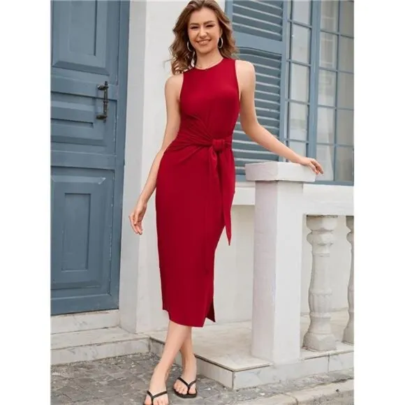 Sleeveless Midi Dress for Women–Casual Tank Dress with Waist Tie Bodycon Fit