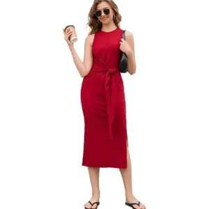 Sleeveless Midi Dress for Women–Casual Tank Dress with Waist Tie Bodycon Fit