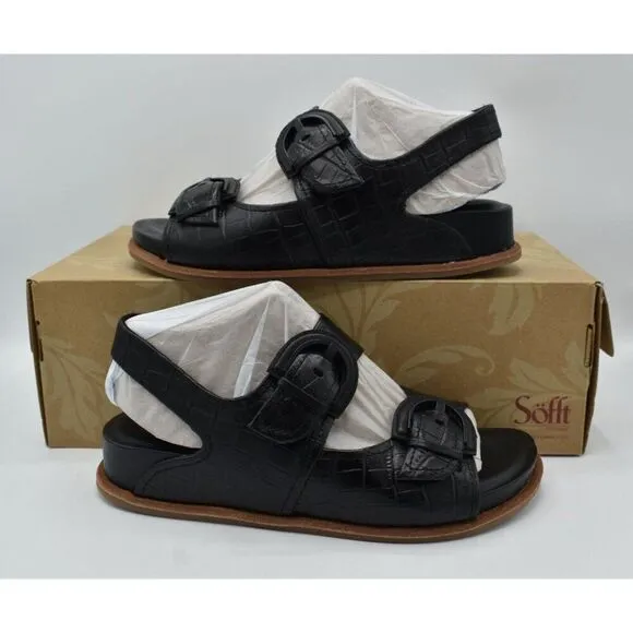 Sofft Womens Size 8 Adalia Croc Embossed Black Suede Leather Sandals Shoes