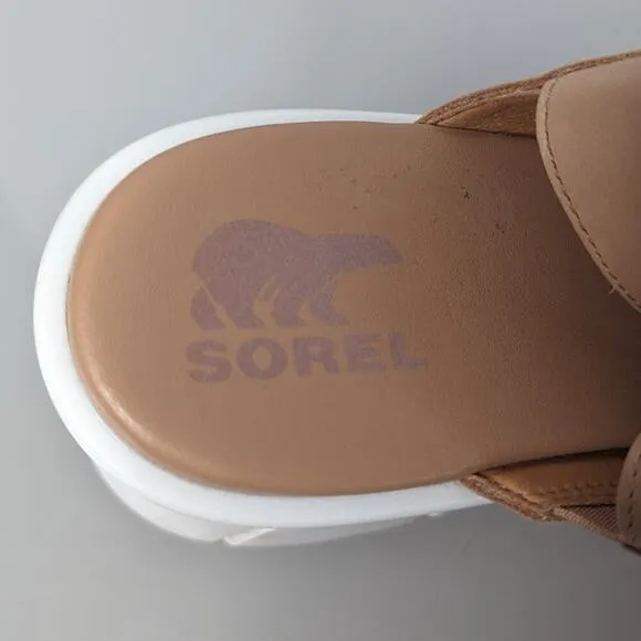 Sorel Beige Joanie III Slingback Leather Platform Wedge Sandal Comfort Size 10.5